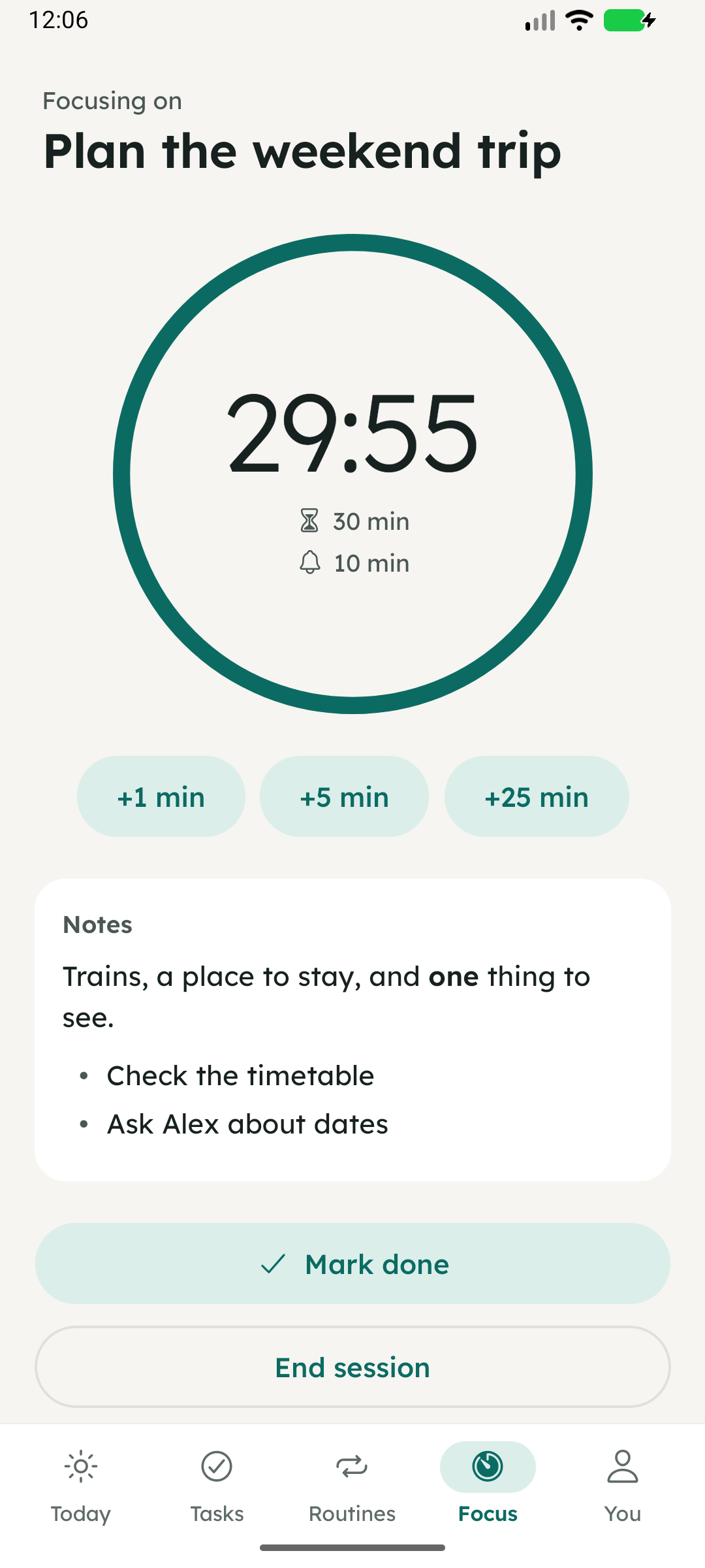 The focus timer running, with session length and chime interval