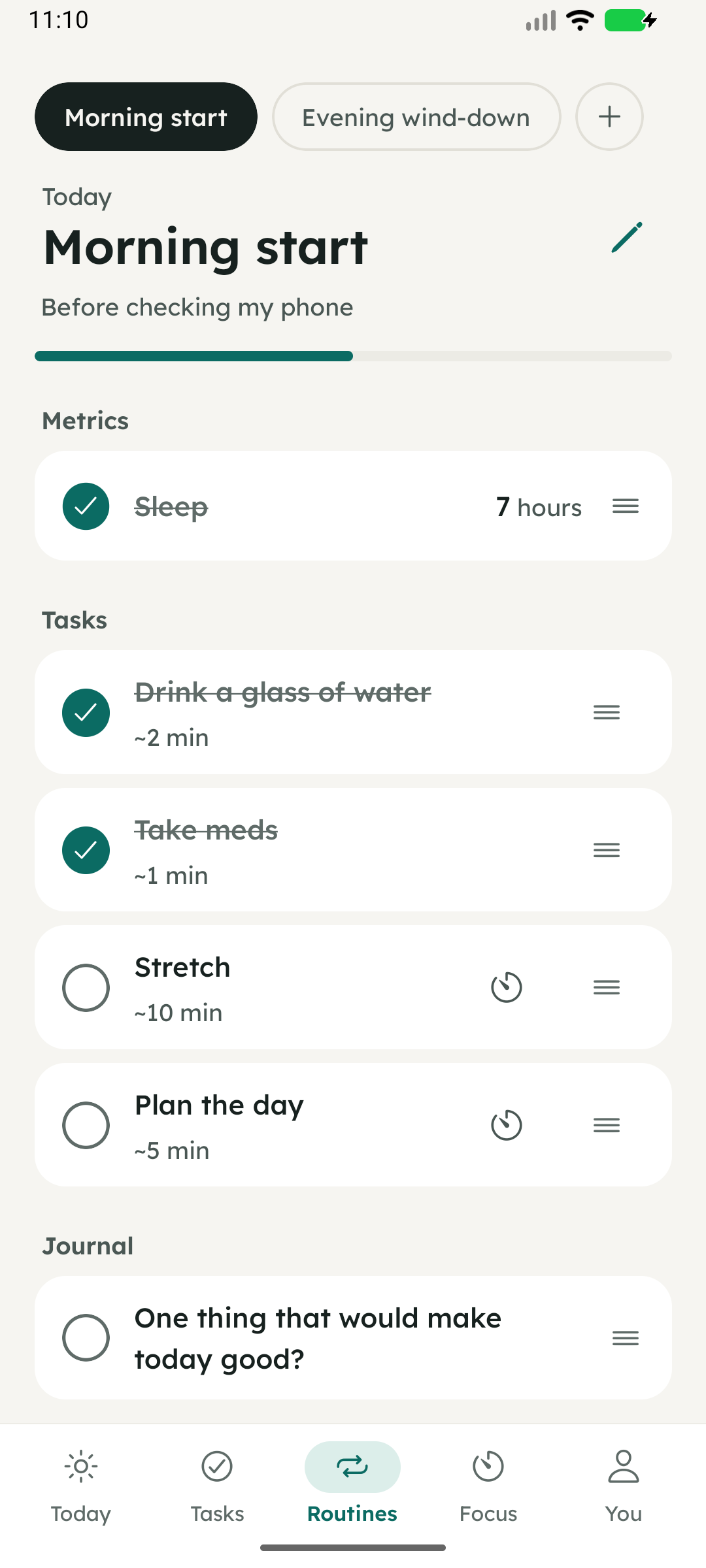 A morning routine with a metric, steps and a reflection question