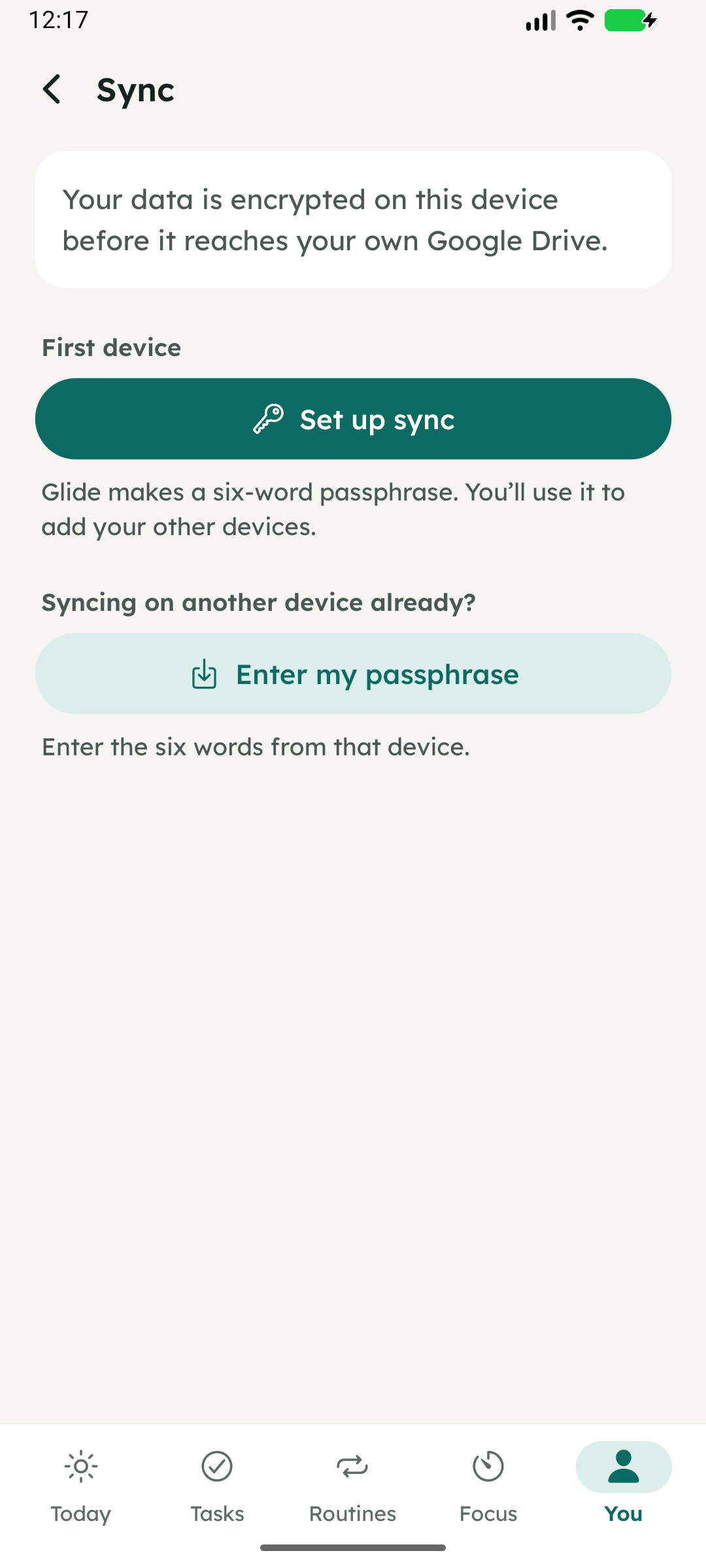 The Sync screen with status, Google Drive and the passphrase
