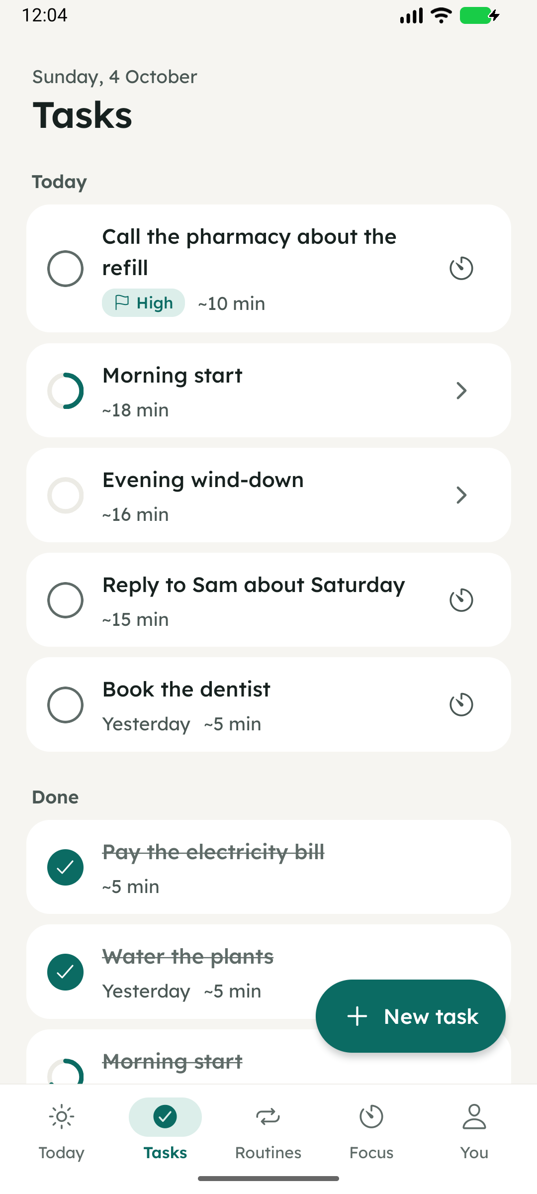 The task list opened at today
