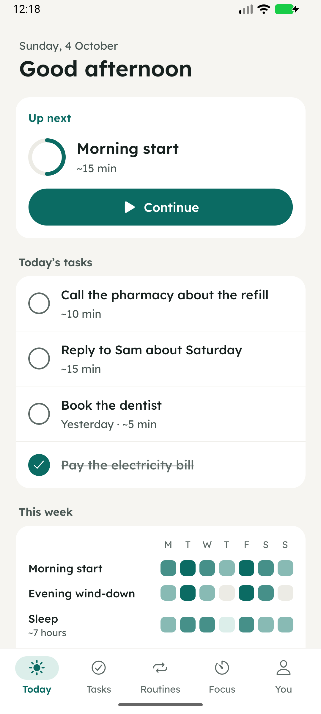 Glide’s Today screen: the next routine, today’s tasks, and the week so far